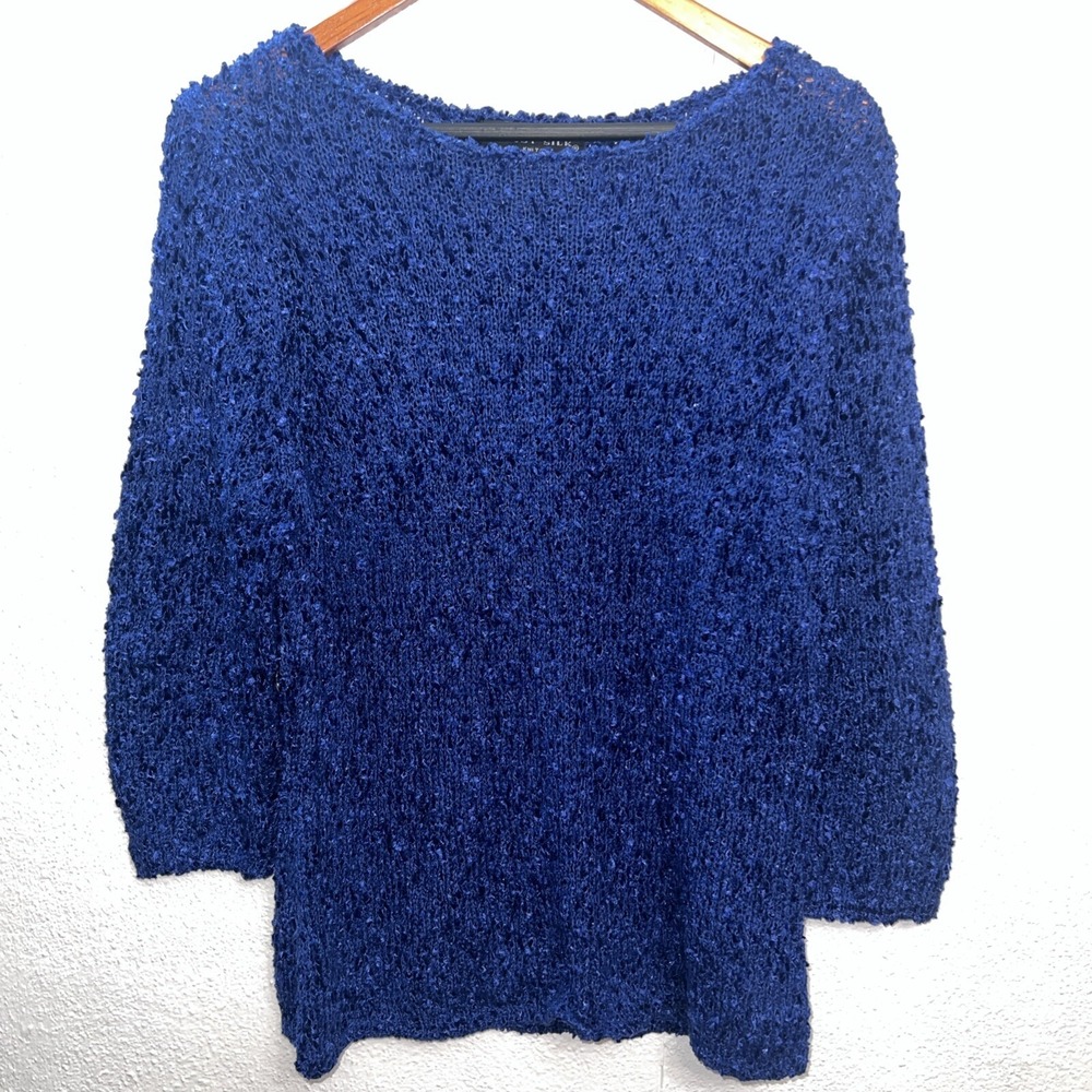 AUGUST SILK KNITS Blue Sweater Knit TOP large 3/4 Sleeve